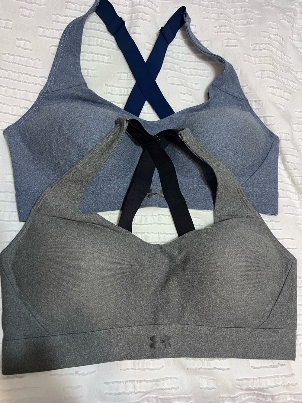 Under Armour 1- Gray 1- Blue Crossback Sports Bras -Two Large same Measurment